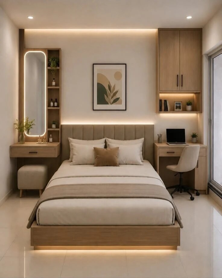 Soft Symmetry Bedroom — Master bedrooms · MBR interior design reference